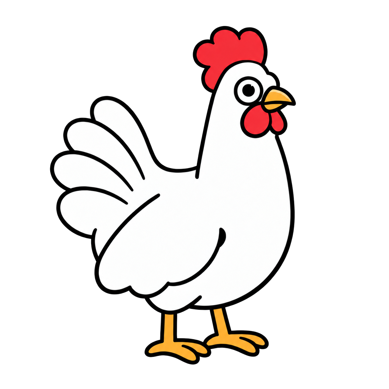 A bold white cartoon hen facing right
