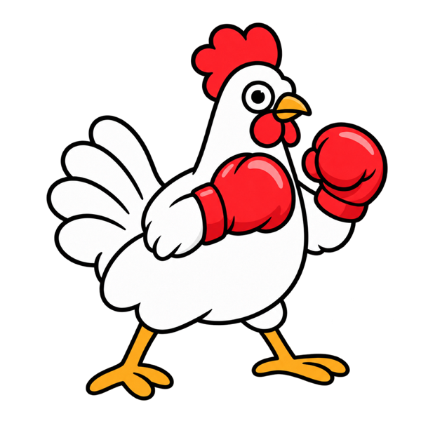 White Hen wearing red boxing gloves