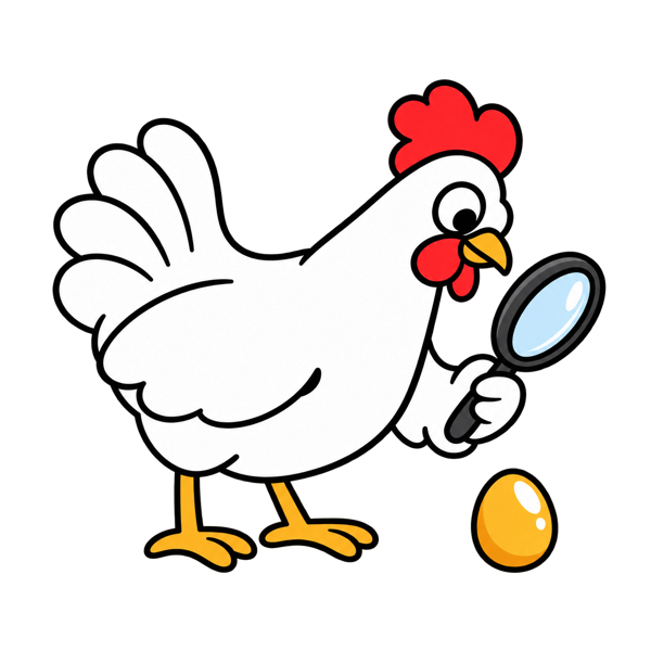 Hen looking through a magnifying glass