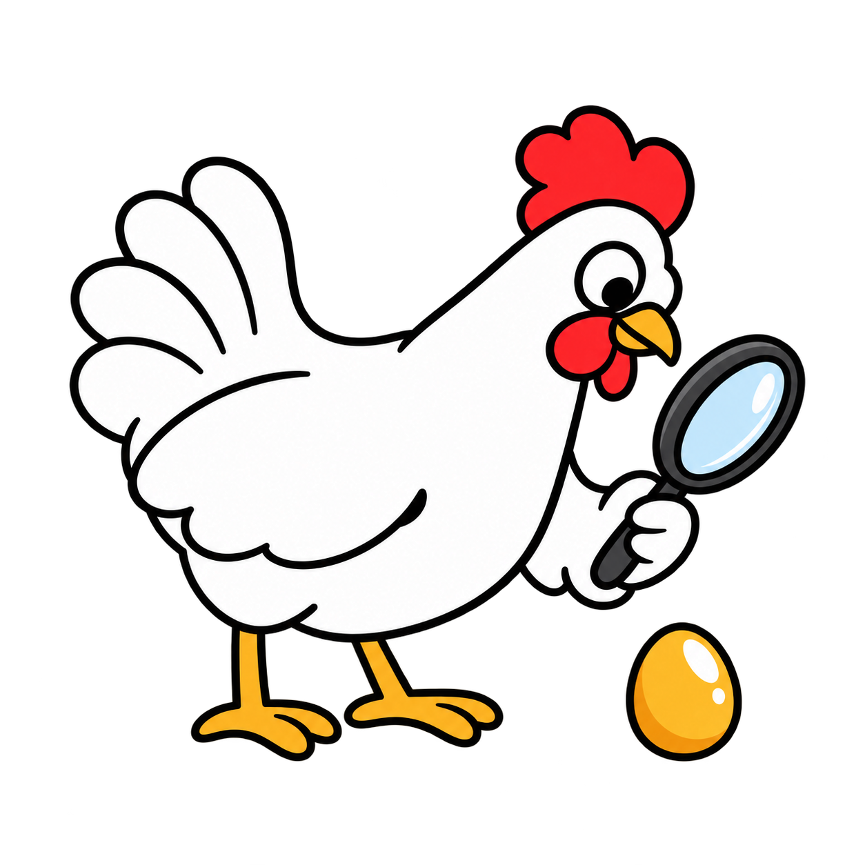Curious hen examining a golden egg with a magnifying glass