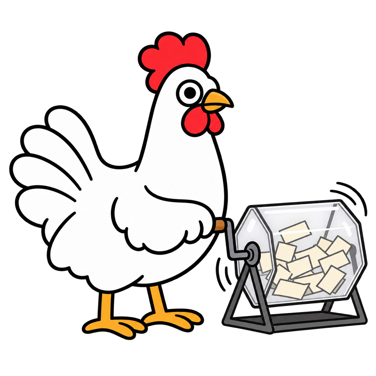 Hen turning a transparent raffle drum filled with blank tickets