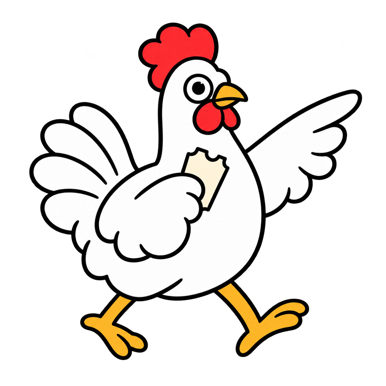Hen holding a blank claim ticket and pointing ahead