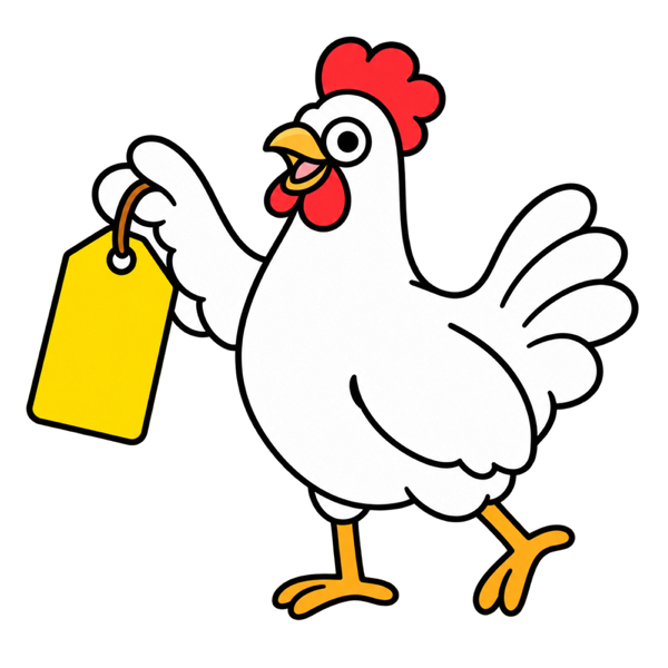 Hen presenting a marketplace price tag