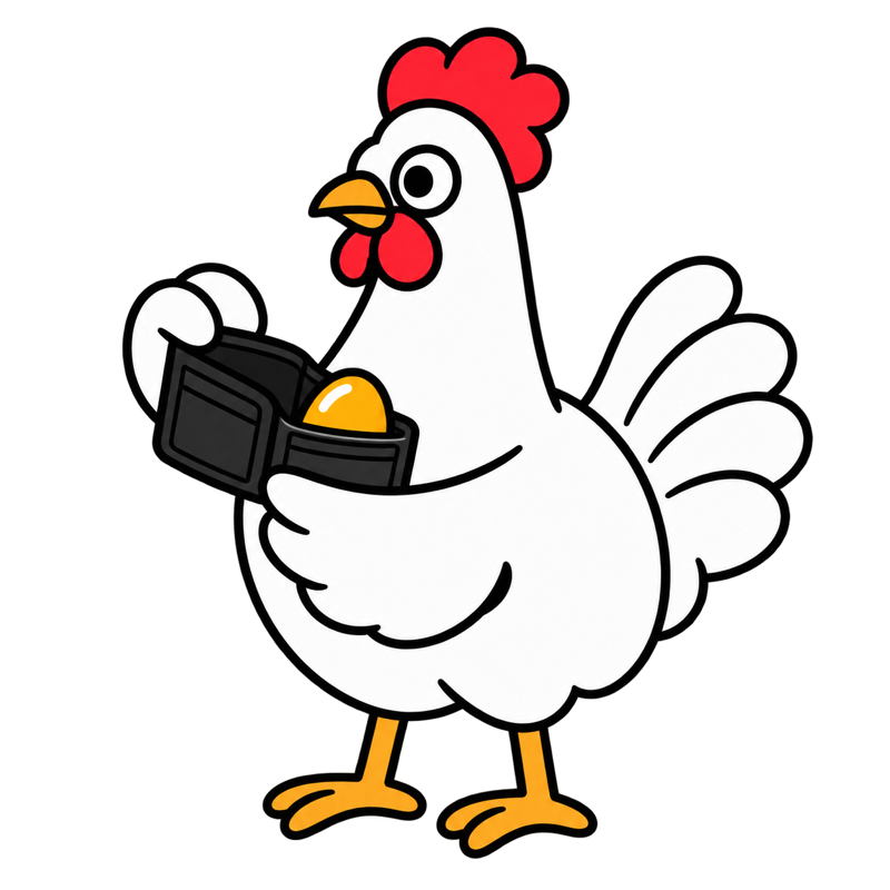 Hen holding an open wallet with a golden egg